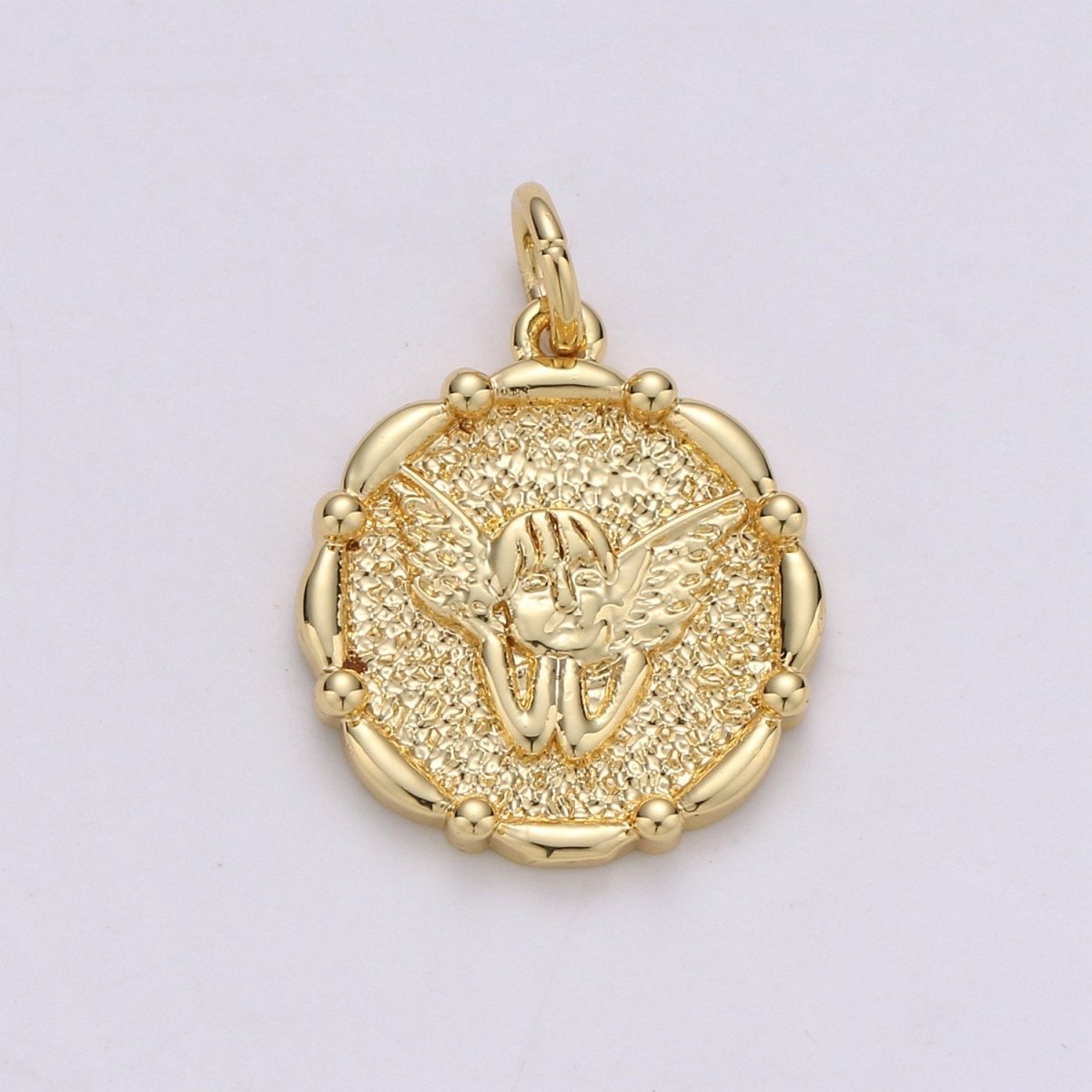 14k Gold plated Angel Pendant Charm, Cherub Pendant Charm, Gold plated Medallion Charm Round Disc Coin Charm For DIY Jewelry, D-676 - DLUXCA