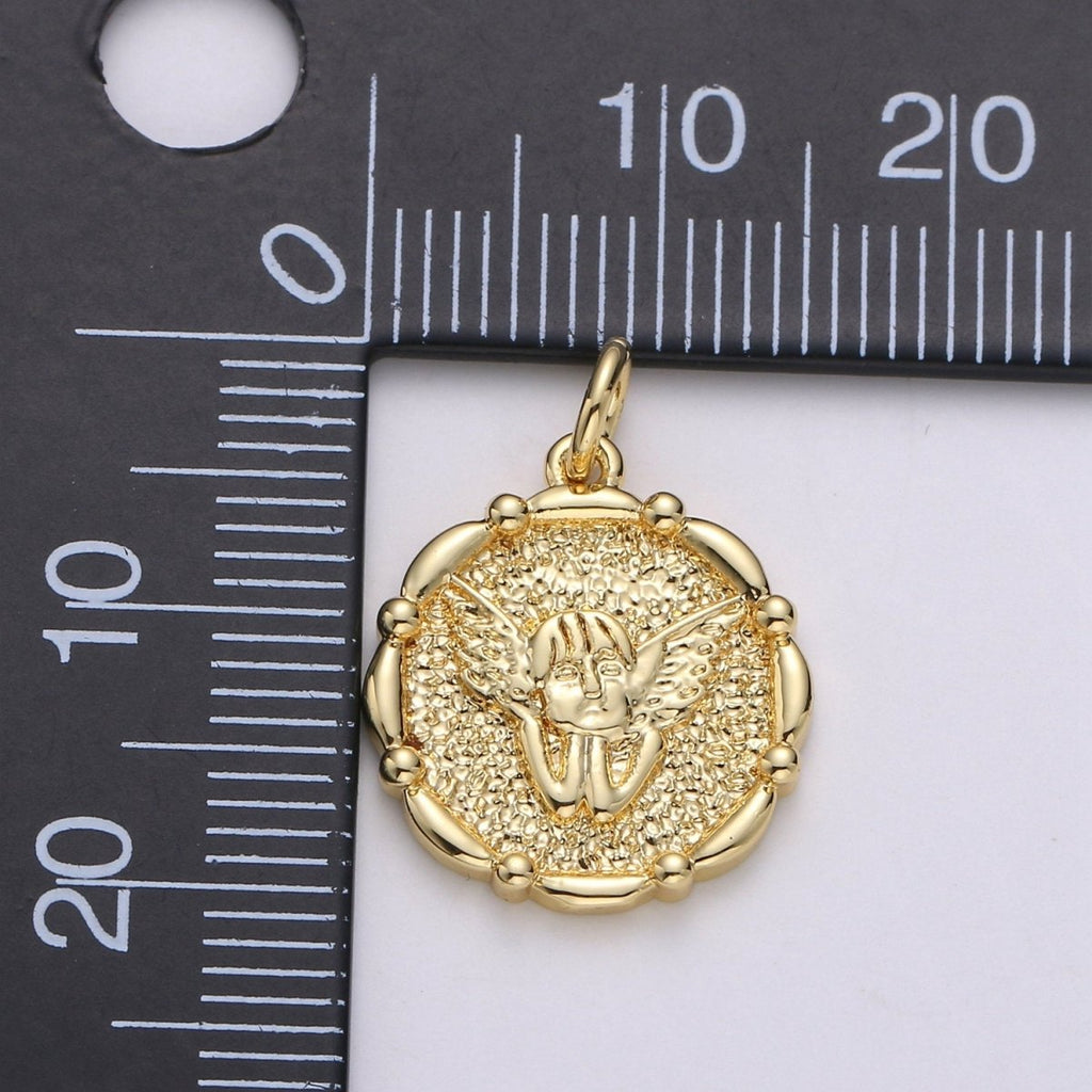 14k Gold plated Angel Pendant Charm, Cherub Pendant Charm, Gold plated Medallion Charm Round Disc Coin Charm For DIY Jewelry, D-676 - DLUXCA