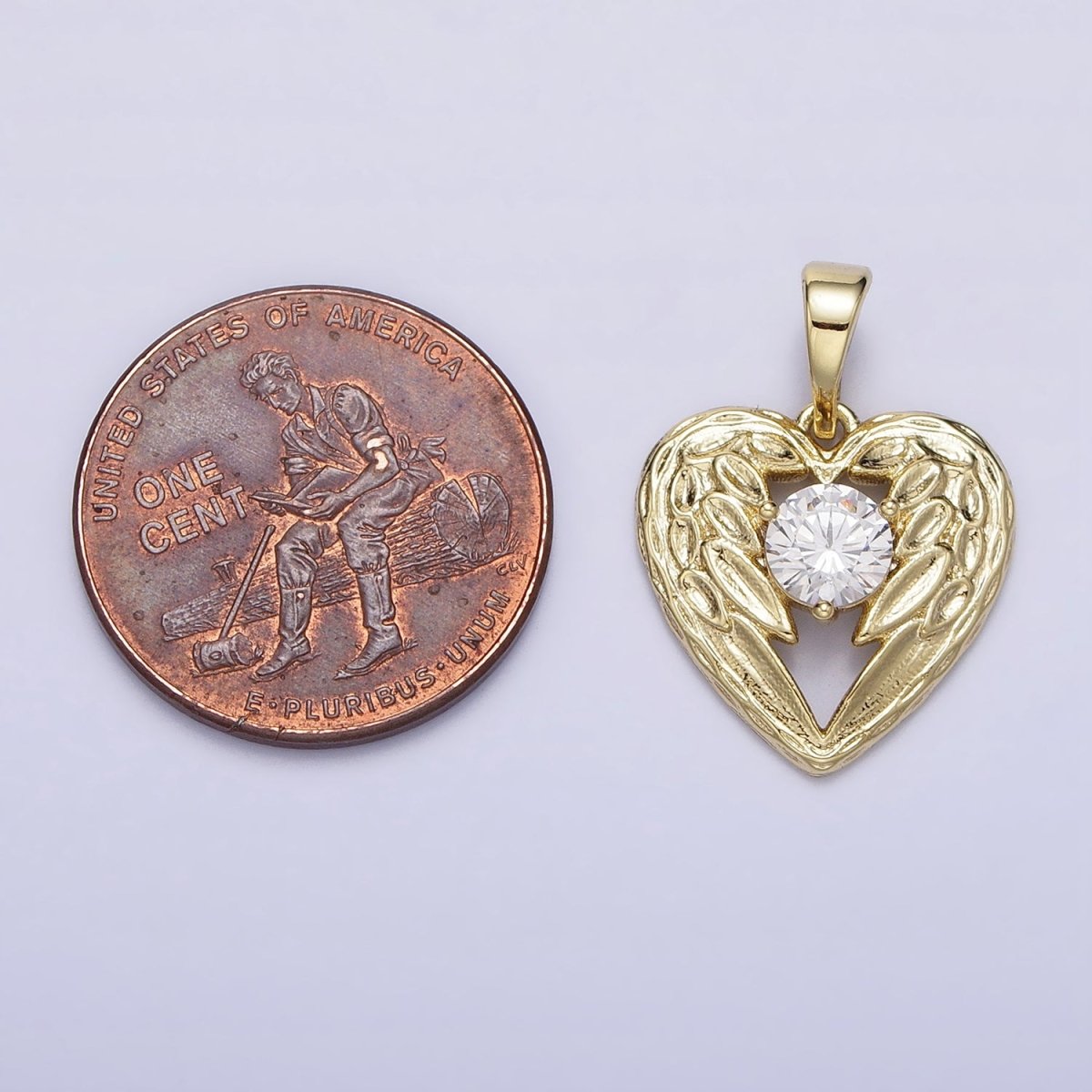 14k Gold plated Angel wings Charm Memorial Heart wings Pendant with Cubic Zirconia Stone AA296 - DLUXCA