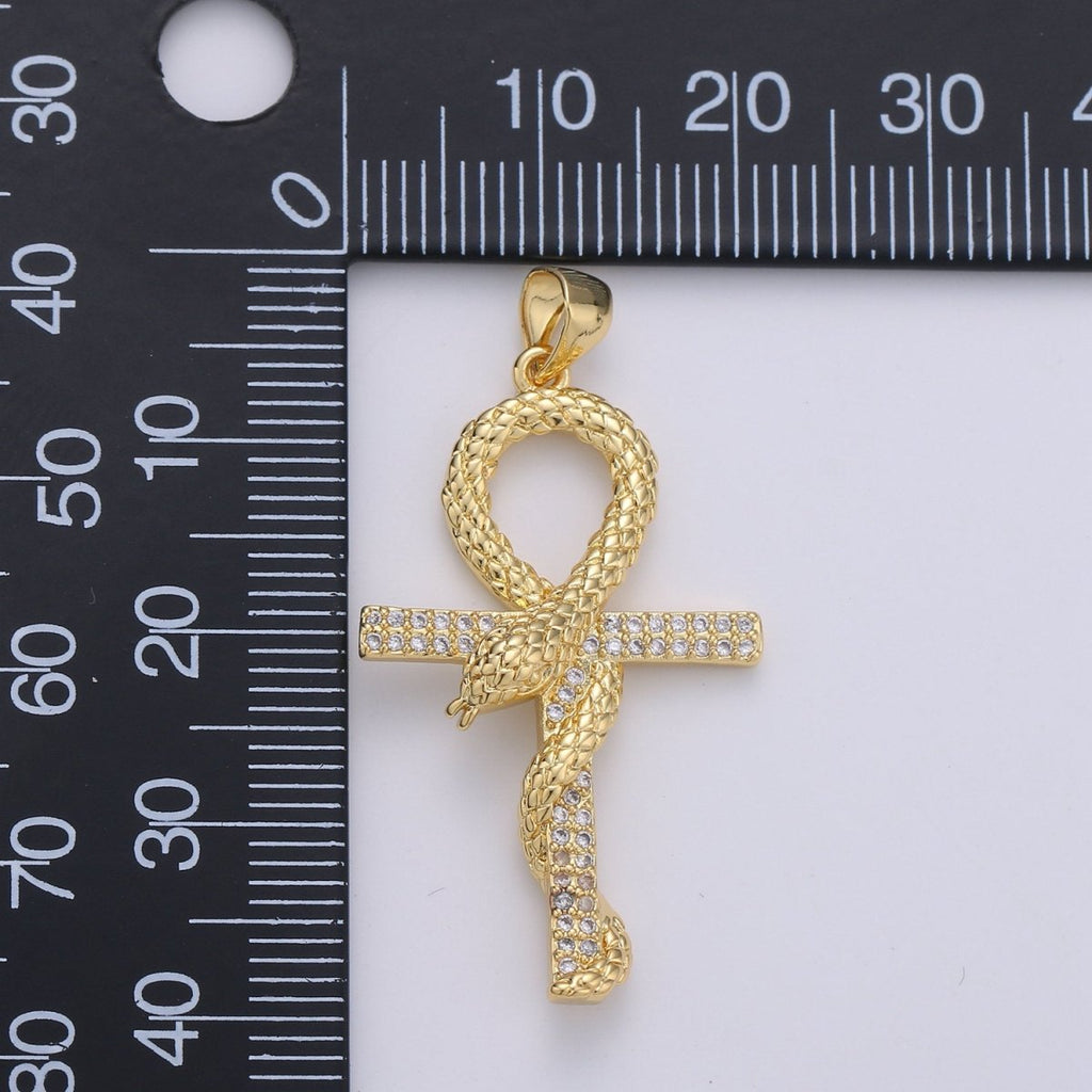 14k Gold plated Ankh, Symbol of Life, Egyptian Pantheon, Crux Ansata, Cubic Serpent Necklace Pendant Charm Gold Snake Cross Pendant I-723 - DLUXCA