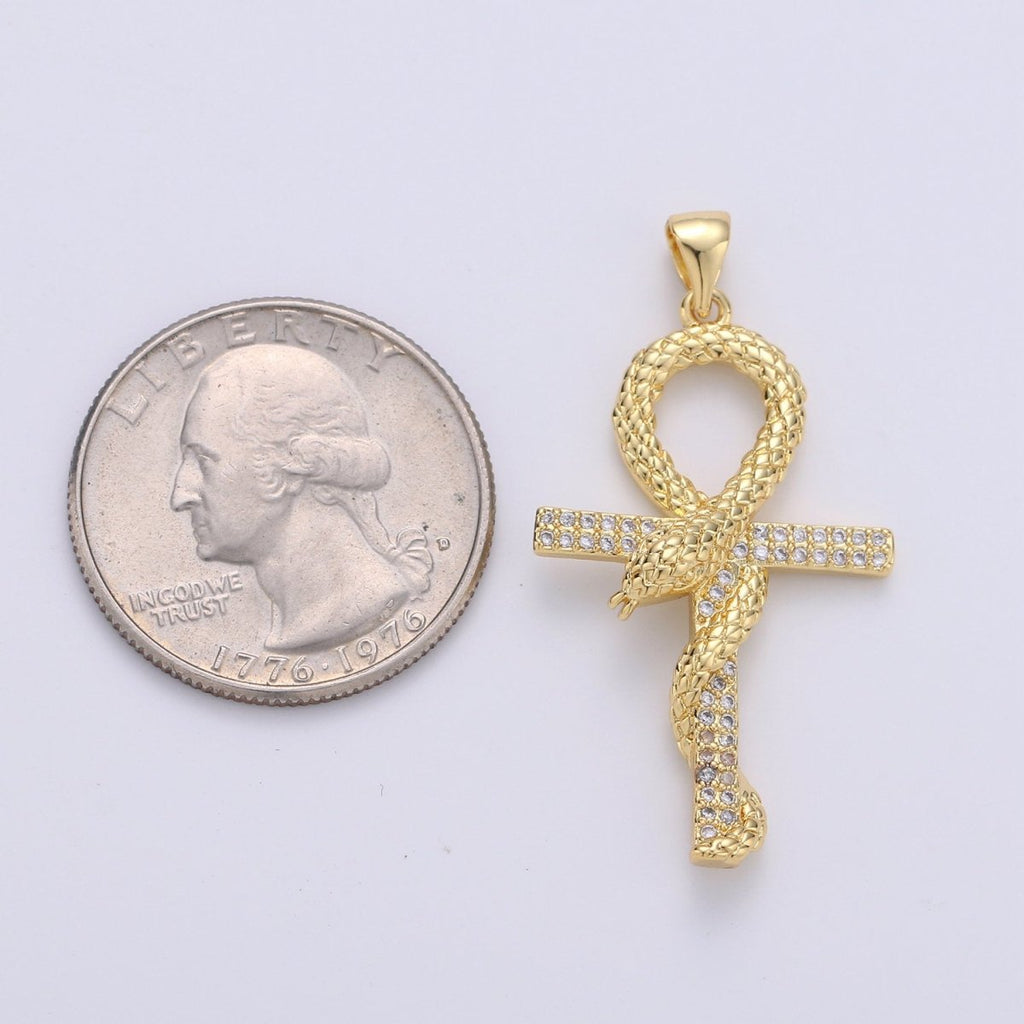 14k Gold plated Ankh, Symbol of Life, Egyptian Pantheon, Crux Ansata, Cubic Serpent Necklace Pendant Charm Gold Snake Cross Pendant I-723 - DLUXCA