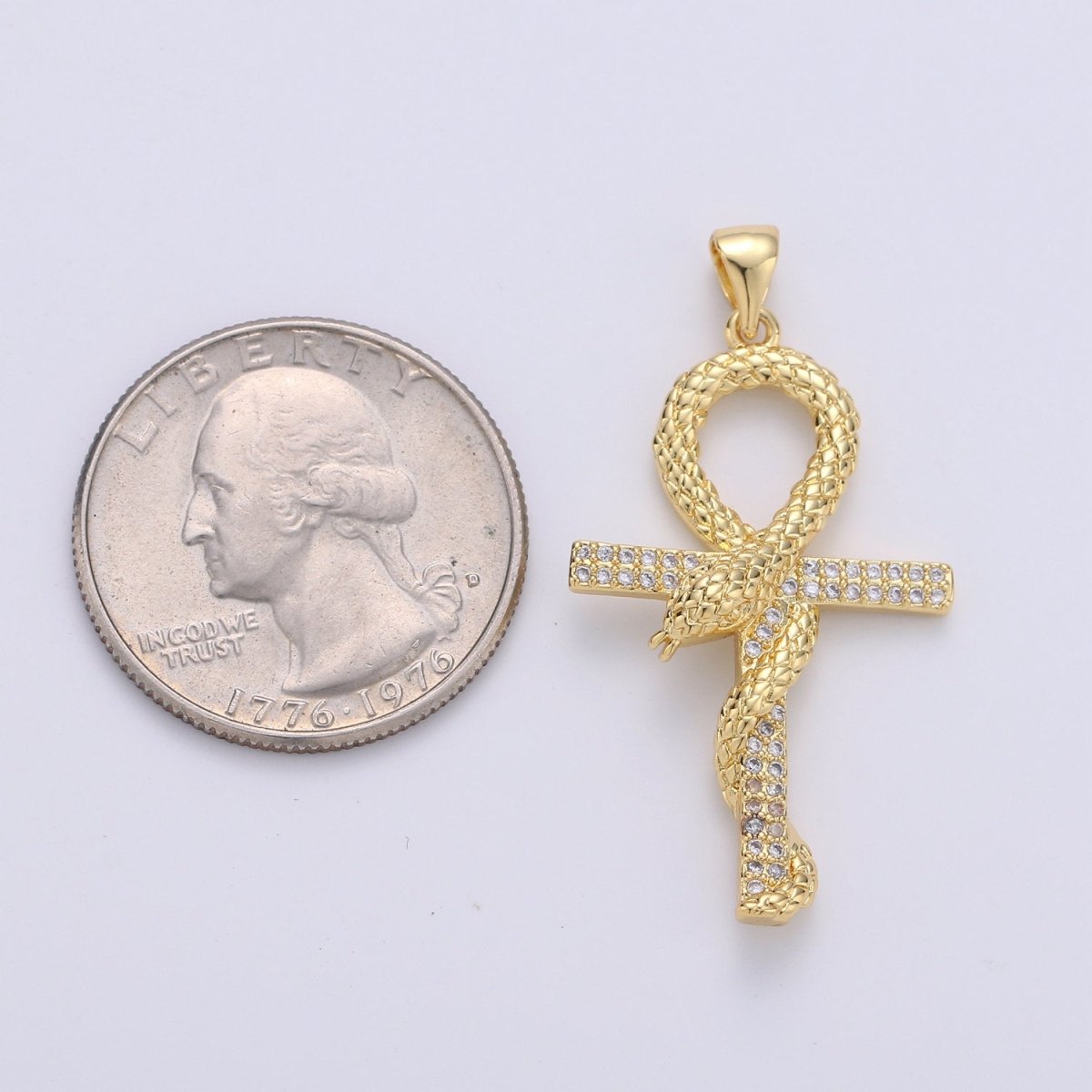 14k Gold plated Ankh, Symbol of Life, Egyptian Pantheon, Crux Ansata, Cubic Serpent Necklace Pendant Charm Gold Snake Cross Pendant I-723 - DLUXCA