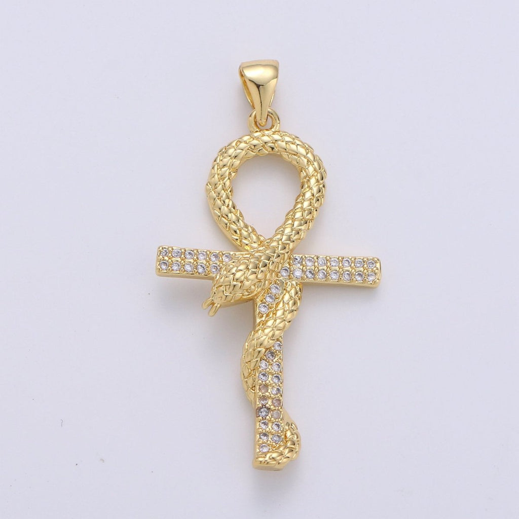 14k Gold plated Ankh, Symbol of Life, Egyptian Pantheon, Crux Ansata, Cubic Serpent Necklace Pendant Charm Gold Snake Cross Pendant I-723 - DLUXCA
