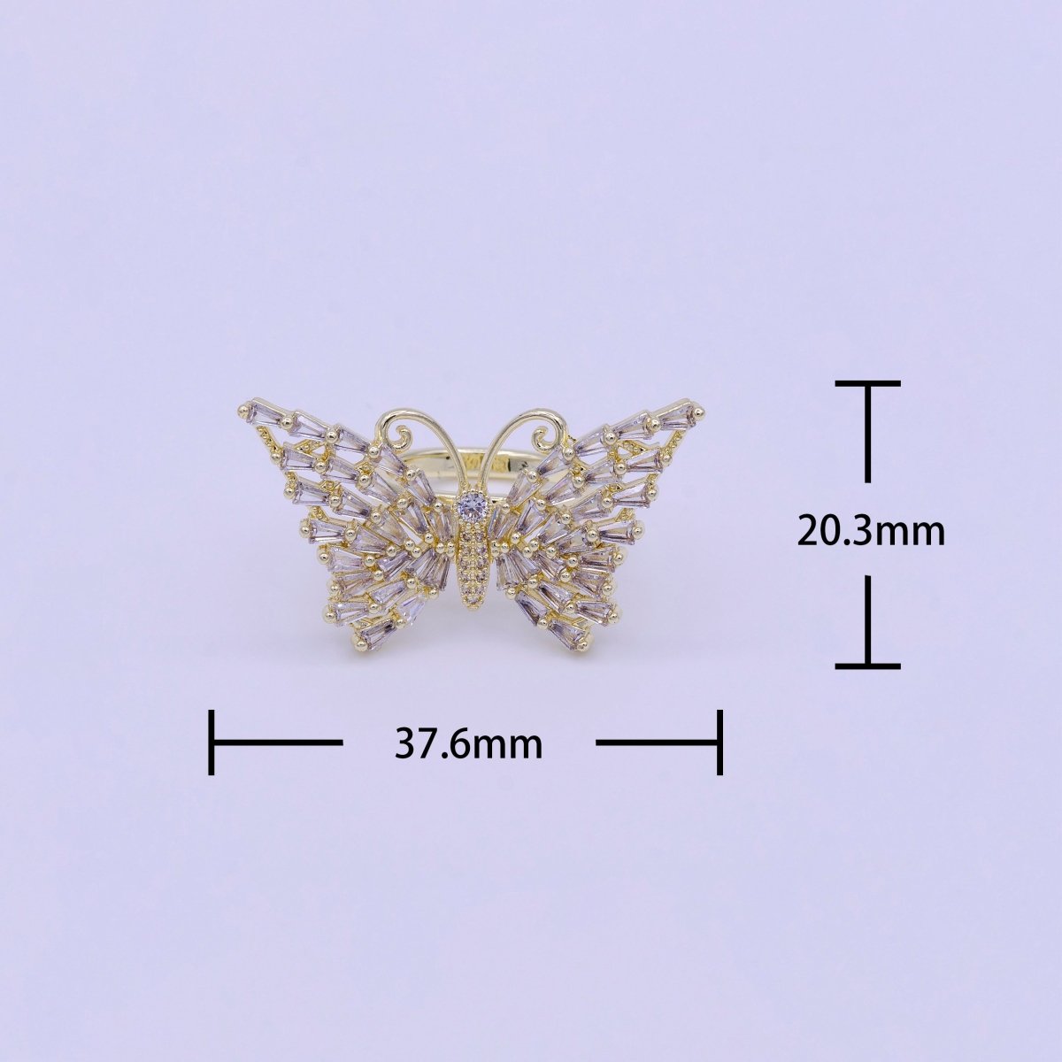 14K Gold plated Antenna Butterfly Clear Triangle CZ Wings Adjustable Ring | O-007 - DLUXCA