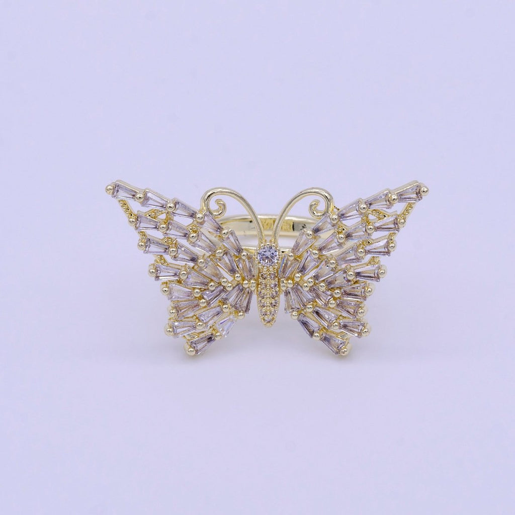 14K Gold plated Antenna Butterfly Clear Triangle CZ Wings Adjustable Ring | O-007 - DLUXCA