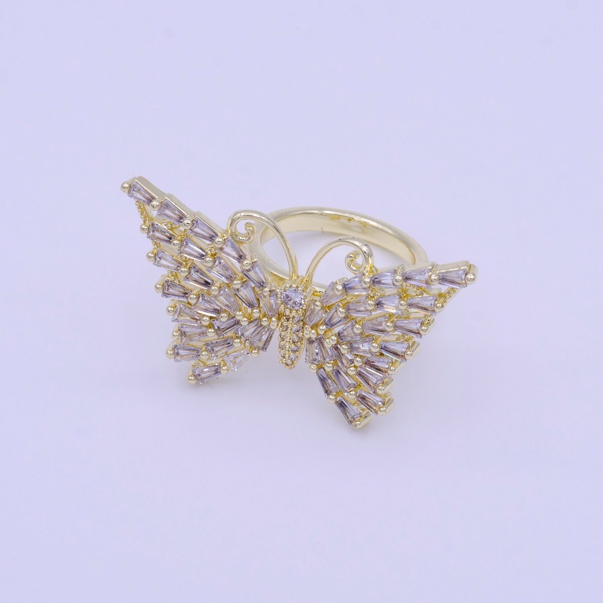 14K Gold plated Antenna Butterfly Clear Triangle CZ Wings Adjustable Ring | O-007 - DLUXCA