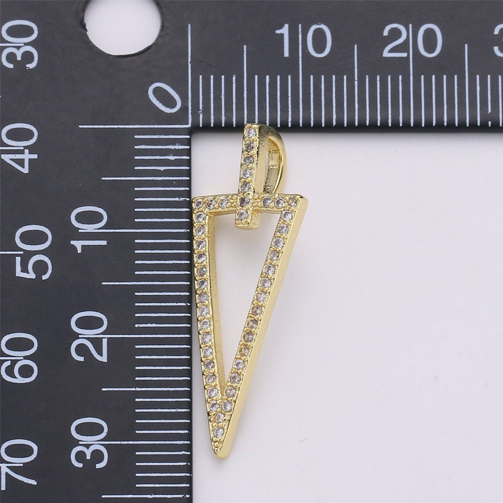 14k Gold plated Arrowhead Pendant Charm Triangle Necklace Charm Micro Pave geometric Jewelry Supply 32x11mm, C-859 - DLUXCA