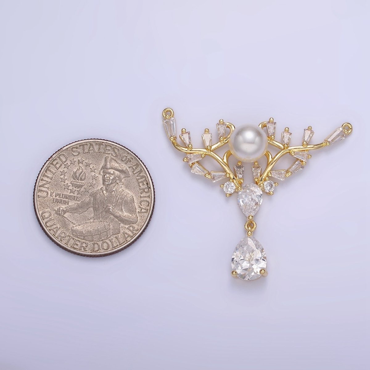 14K Gold plated Artisan Curved Pearl Baguette Teardrop Drop Connector in Gold & Silver | G283