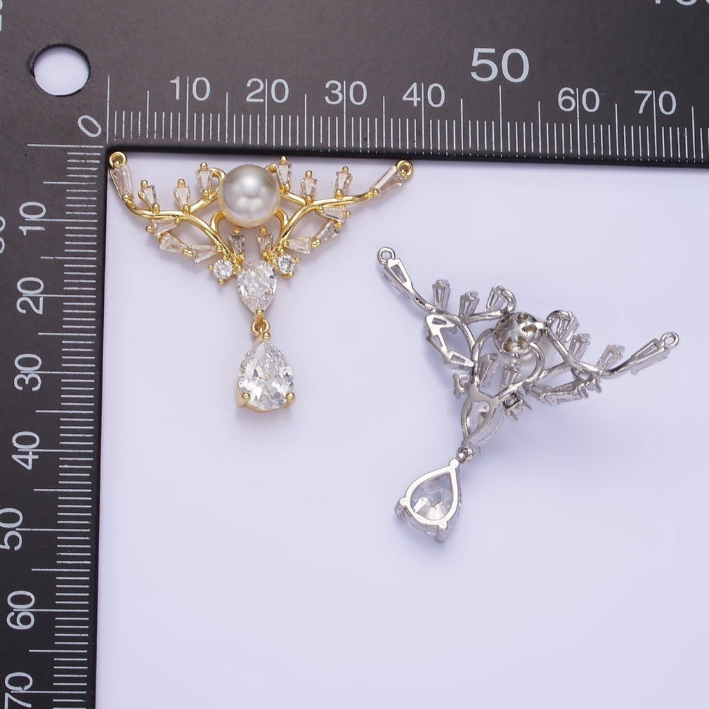 14K Gold plated Artisan Curved Pearl Baguette Teardrop Drop Connector in Gold & Silver | G283