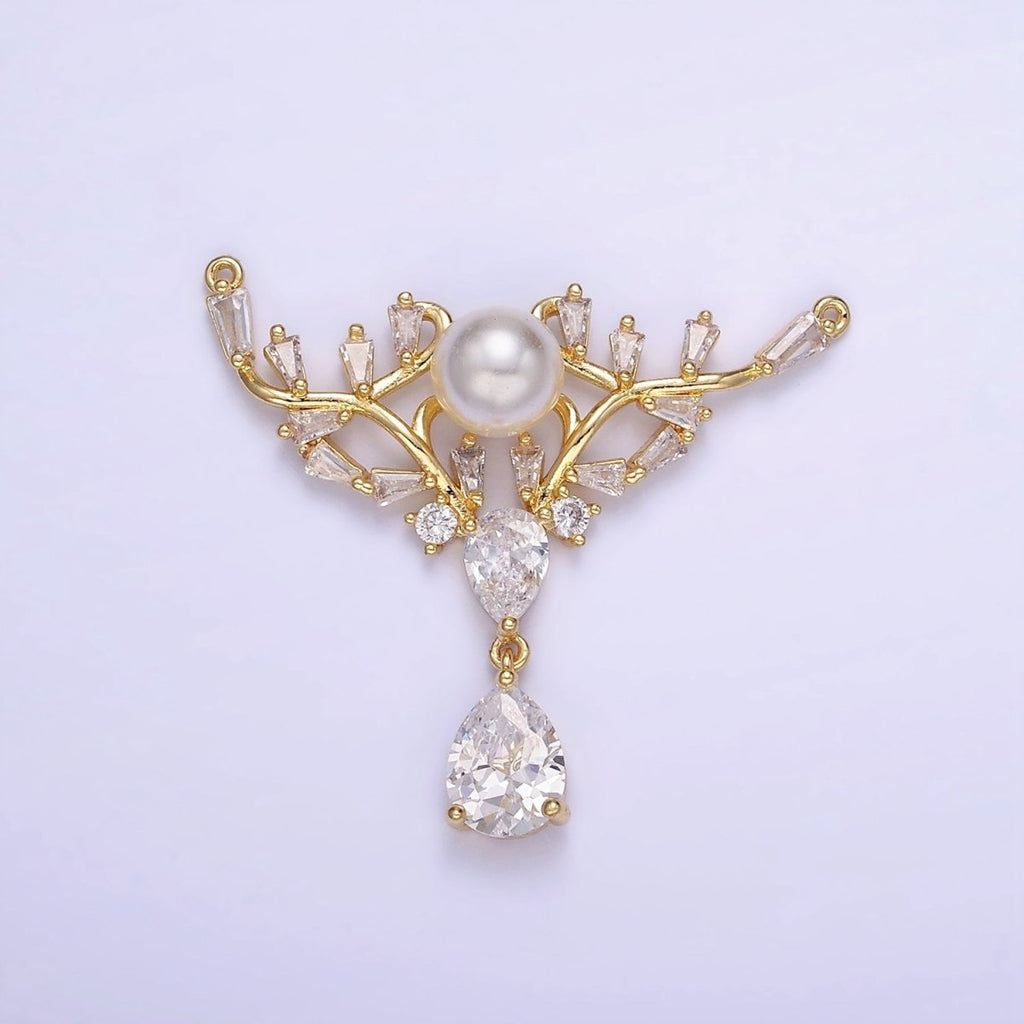 14K Gold plated Artisan Curved Pearl Baguette Teardrop Drop Connector in Gold & Silver | G283