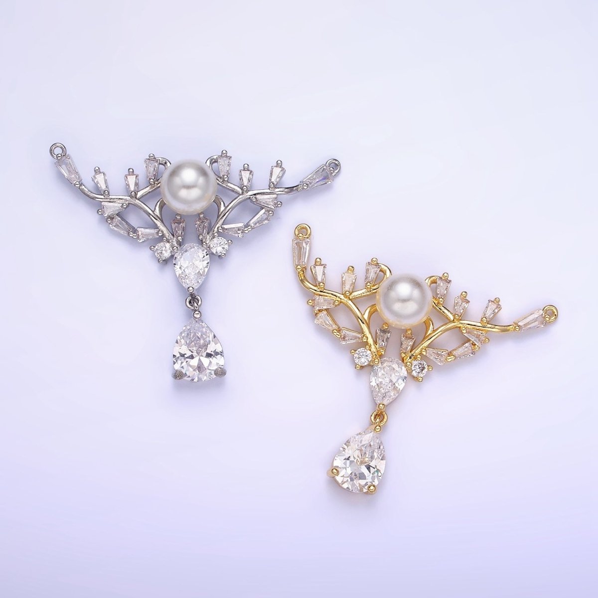 14K Gold plated Artisan Curved Pearl Baguette Teardrop Drop Connector in Gold & Silver | G283