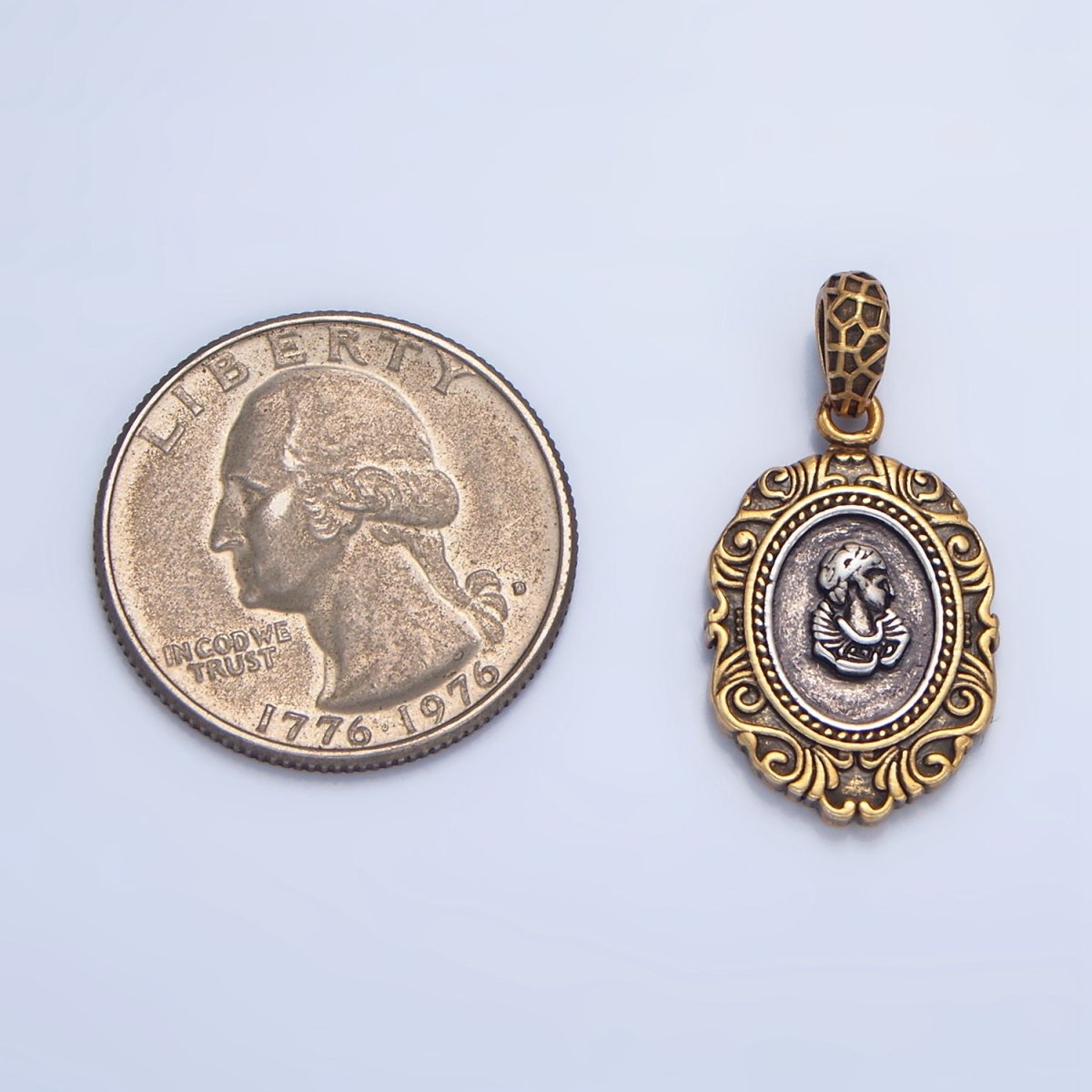 14K Gold plated Artisan Girl Portrait Mixed Metal Pendant | AA126 - DLUXCA
