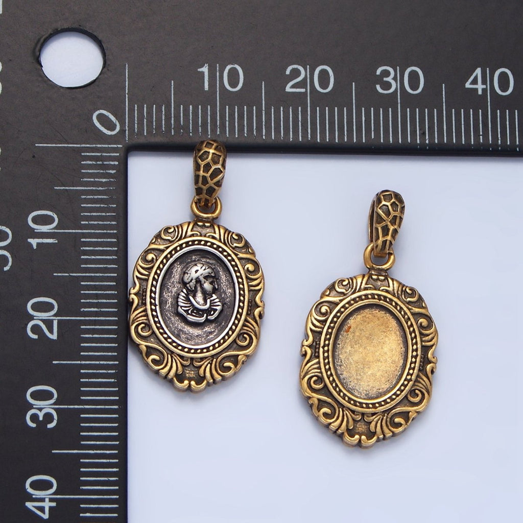 14K Gold plated Artisan Girl Portrait Mixed Metal Pendant | AA126 - DLUXCA