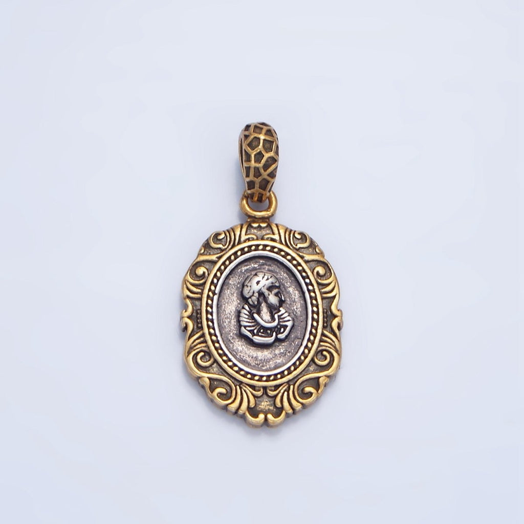 14K Gold plated Artisan Girl Portrait Mixed Metal Pendant | AA126 - DLUXCA