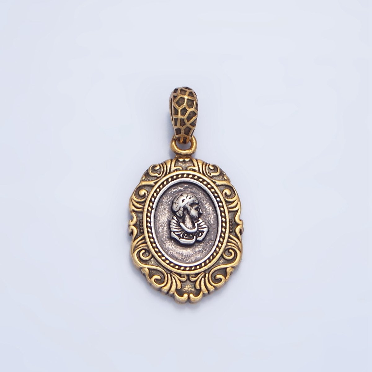 14K Gold plated Artisan Girl Portrait Mixed Metal Pendant | AA126 - DLUXCA