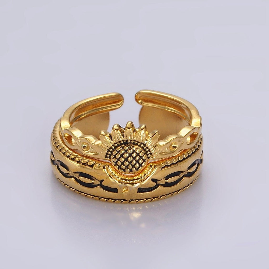14K Gold plated Artisan Sunflower Nature Band Ring Set in Silver & Gold | O1064 O1065