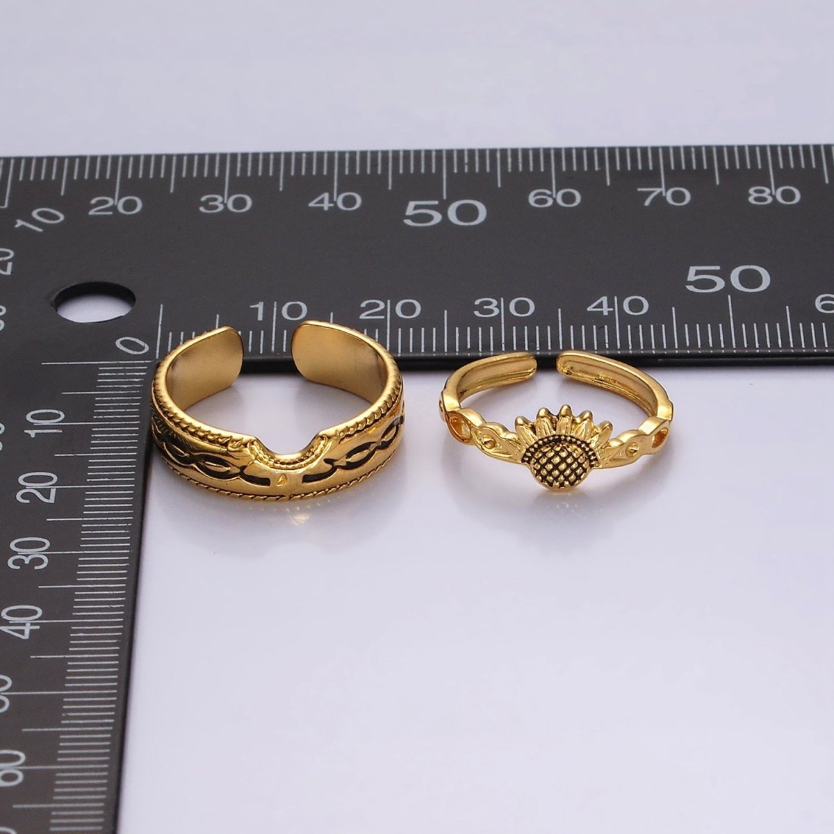 14K Gold plated Artisan Sunflower Nature Band Ring Set in Silver & Gold | O1064 O1065