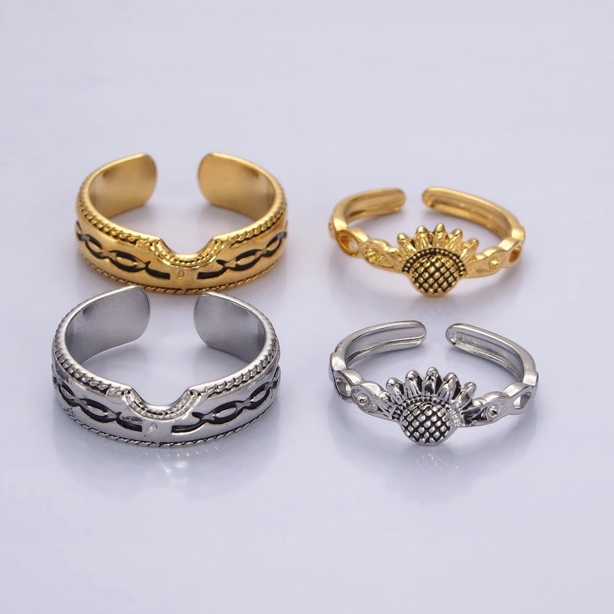 14K Gold plated Artisan Sunflower Nature Band Ring Set in Silver & Gold | O1064 O1065