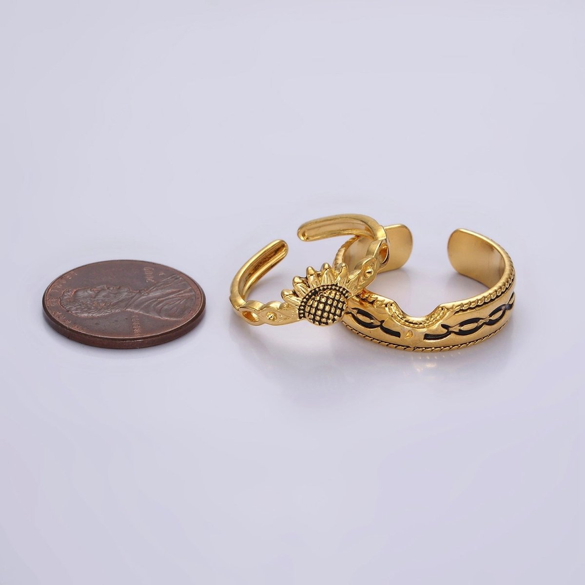 14K Gold plated Artisan Sunflower Nature Band Ring Set in Silver & Gold | O1064 O1065