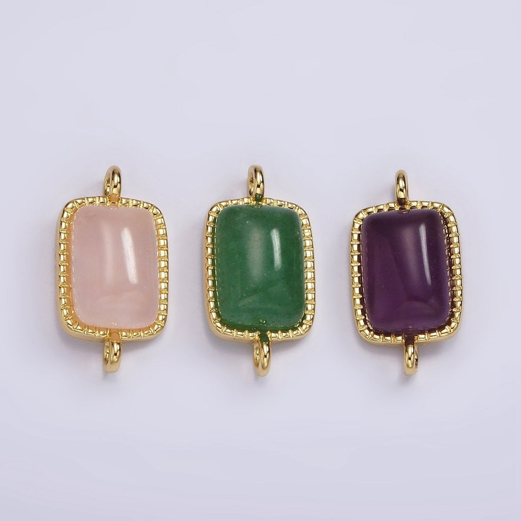 14K Gold plated Aventurine, Amethyst, Rose Quartz Dotted Bezel Rectangular Connector | G250 - G252