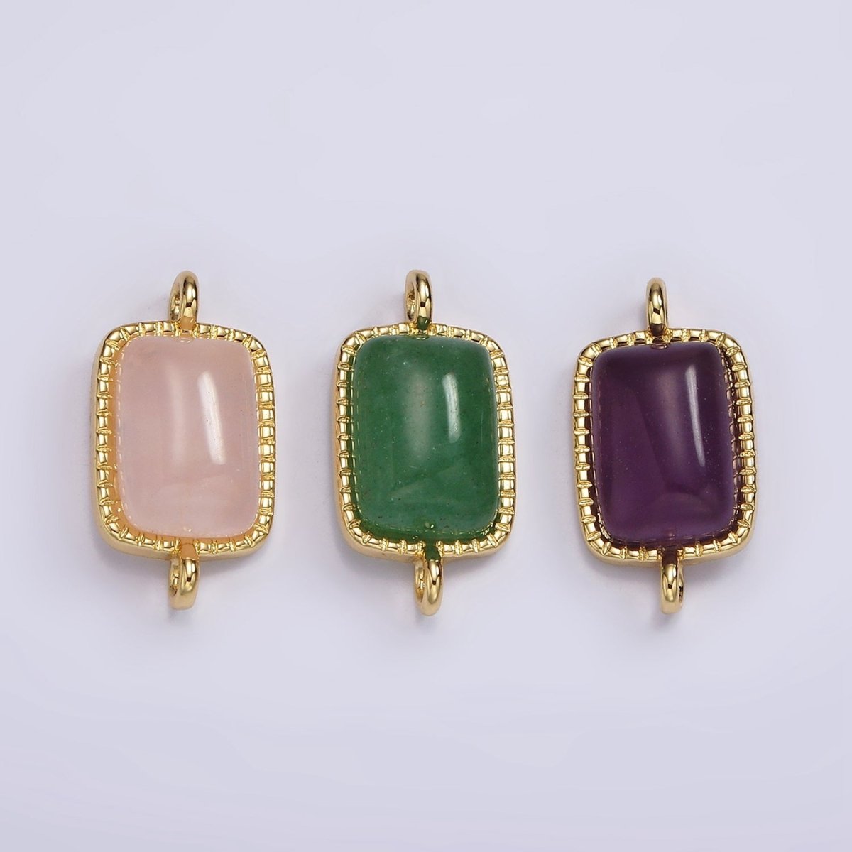 14K Gold plated Aventurine, Amethyst, Rose Quartz Dotted Bezel Rectangular Connector | G250 - G252