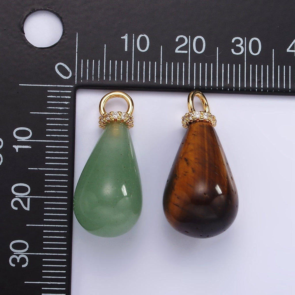 14K Gold plated Aventurine, Tiger Eye, Rose Quartz Teardrop Drop Micro Paved CZ Charm | AC928 - AC930
