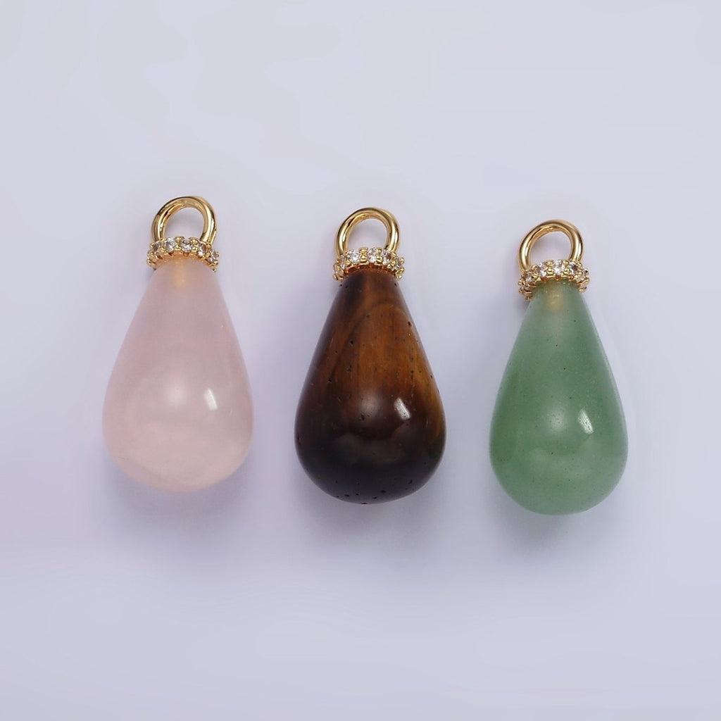 14K Gold plated Aventurine, Tiger Eye, Rose Quartz Teardrop Drop Micro Paved CZ Charm | AC928 - AC930