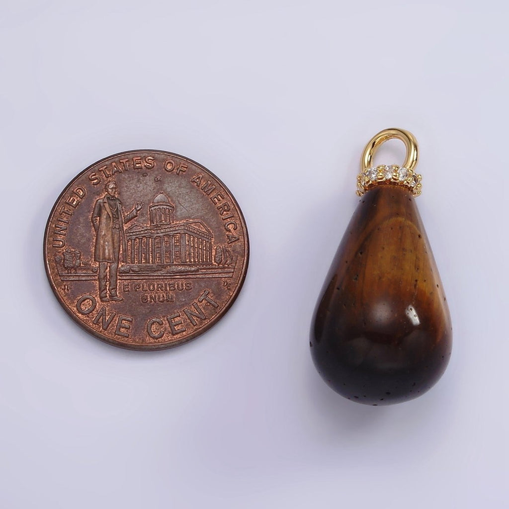 14K Gold plated Aventurine, Tiger Eye, Rose Quartz Teardrop Drop Micro Paved CZ Charm | AC928 - AC930
