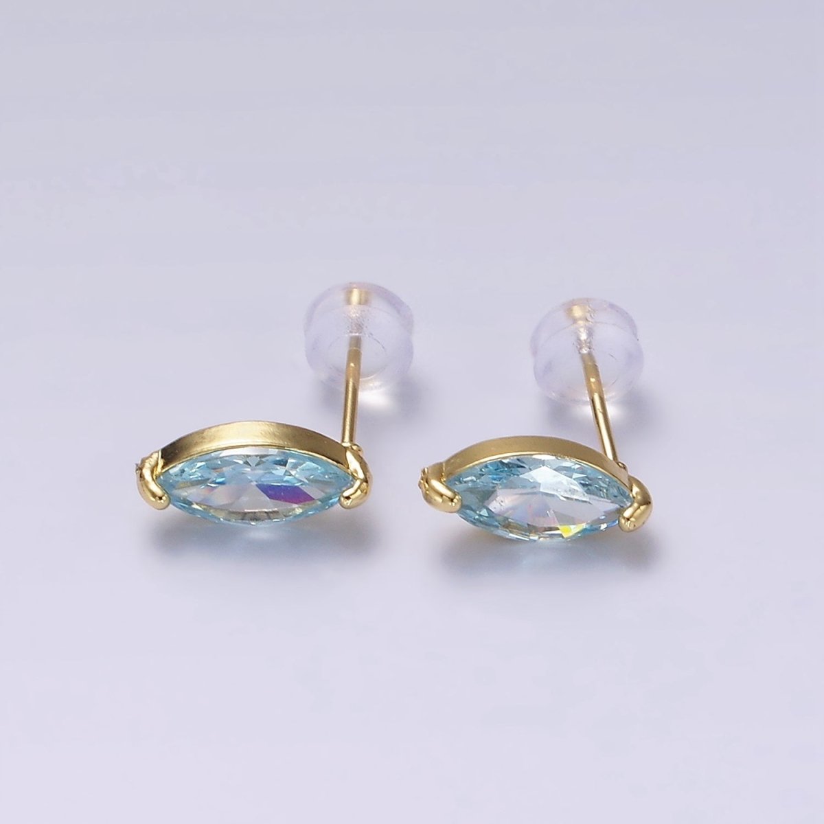 14K Gold plated Baby Blue, Blue CZ Marquise Stud Earrings | V057 V058