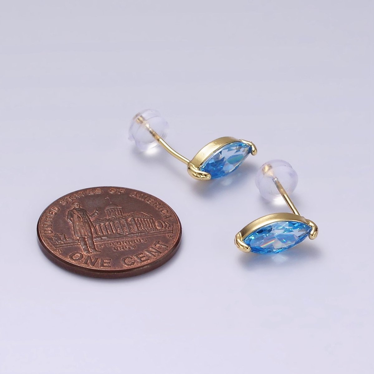14K Gold plated Baby Blue, Blue CZ Marquise Stud Earrings | V057 V058