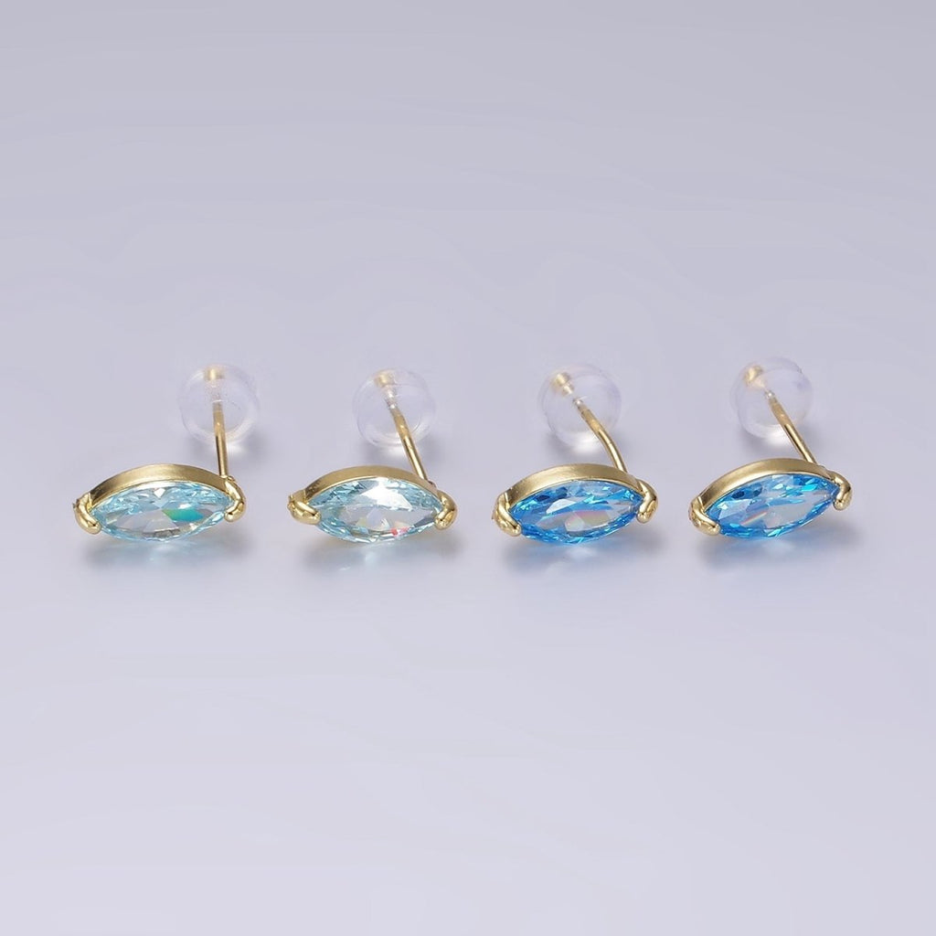 14K Gold plated Baby Blue, Blue CZ Marquise Stud Earrings | V057 V058