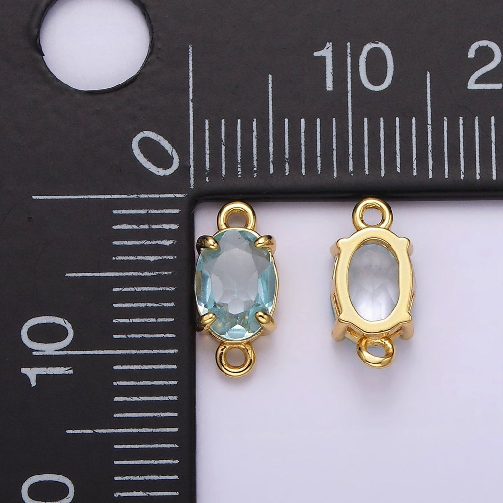 14K Gold plated Baby Blue CZ Oval Bezel Minimalist Connector | G825 - DLUXCA