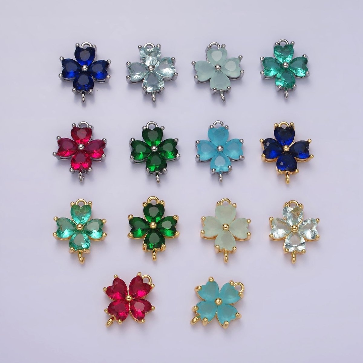 14K Gold plated Baby Blue, Teal, Blue, Mint, Green, Dark Blue, Fuchsia CZ Heart Petal Flower Connector in Gold & Silver | G-203 - G-216 - DLUXCA