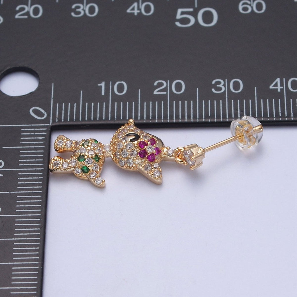 14K Gold plated Baby Woodland Reindeer Multicolor Micro Paved CZ Stud Earrings | P-319 - DLUXCA