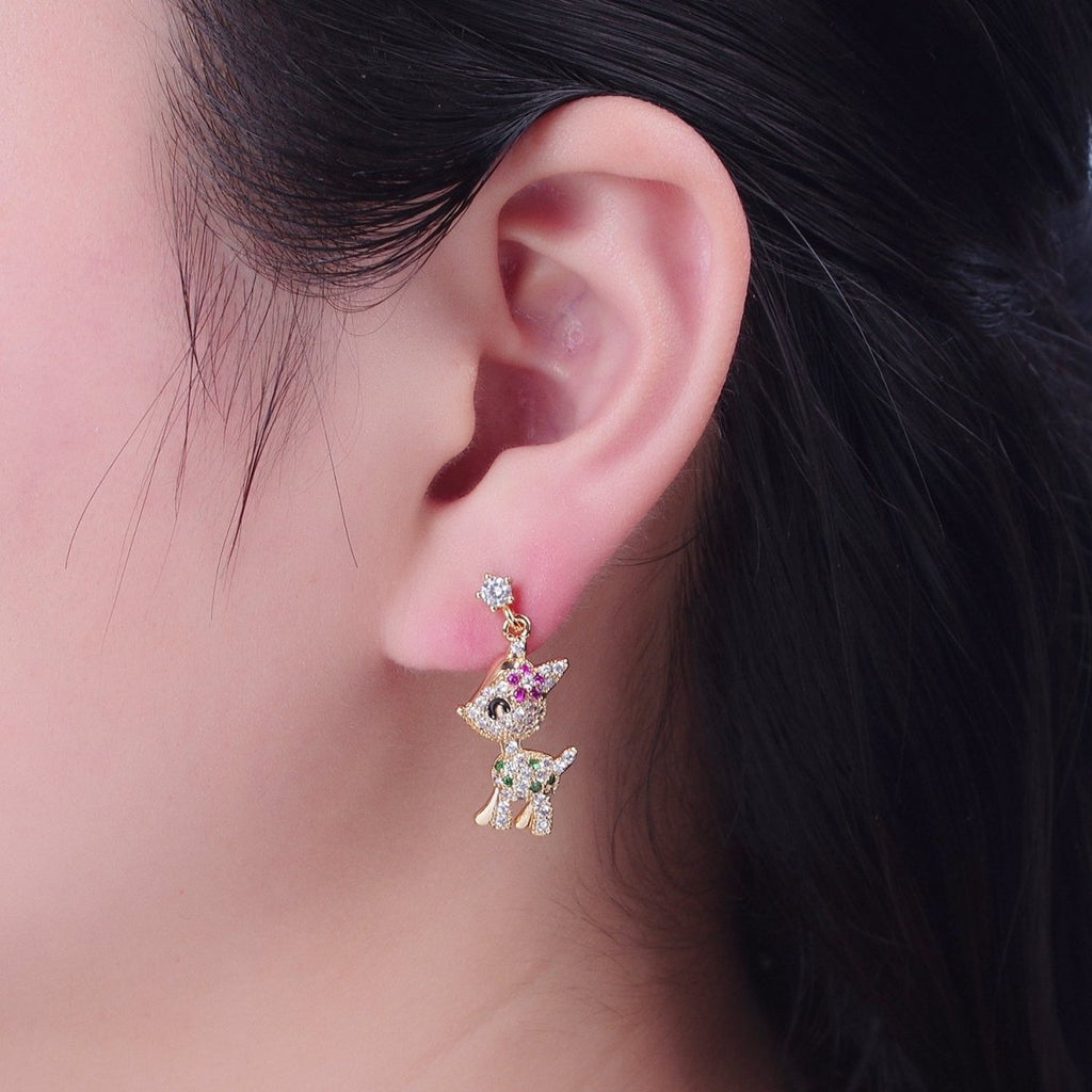 14K Gold plated Baby Woodland Reindeer Multicolor Micro Paved CZ Stud Earrings | P-319 - DLUXCA