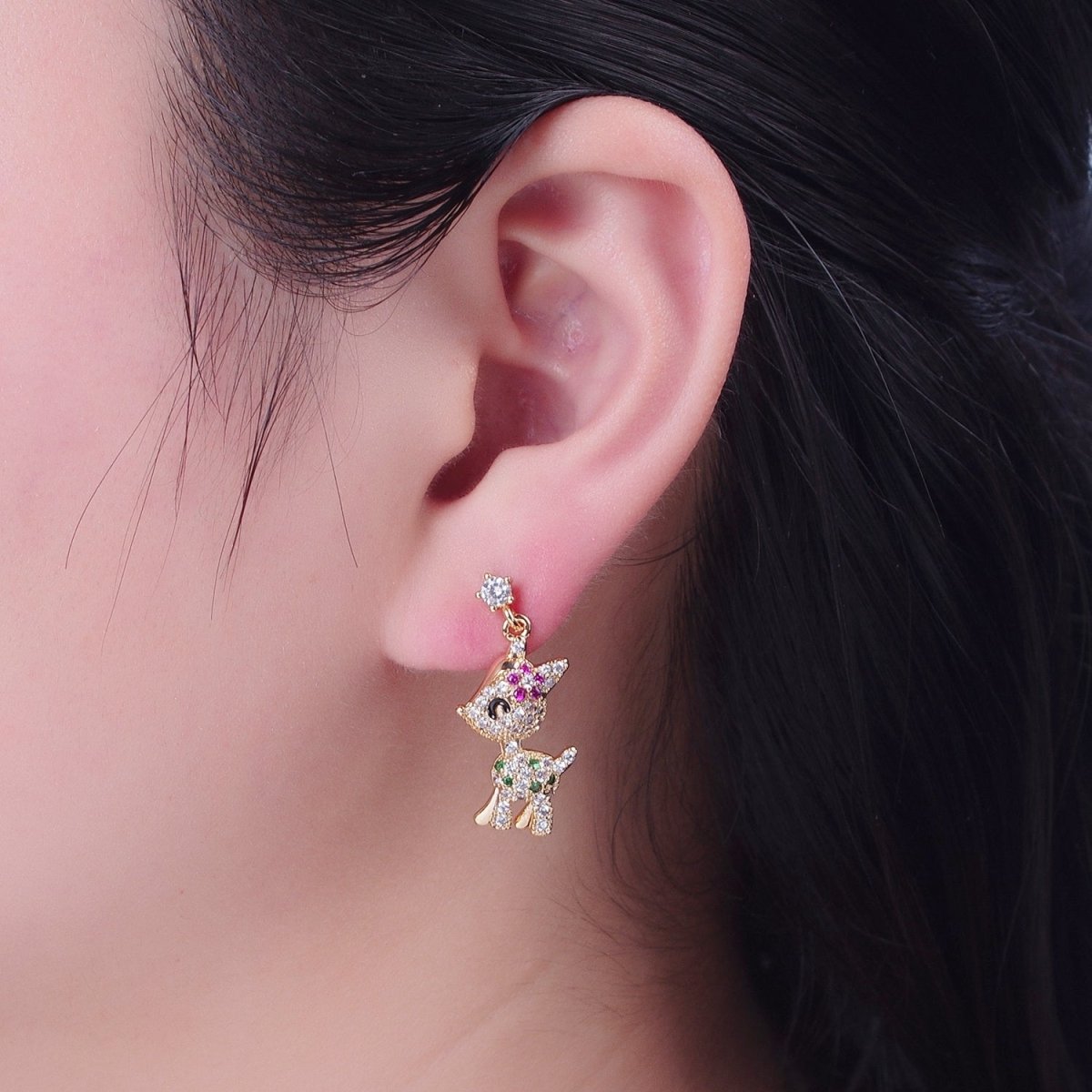 14K Gold plated Baby Woodland Reindeer Multicolor Micro Paved CZ Stud Earrings | P-319 - DLUXCA