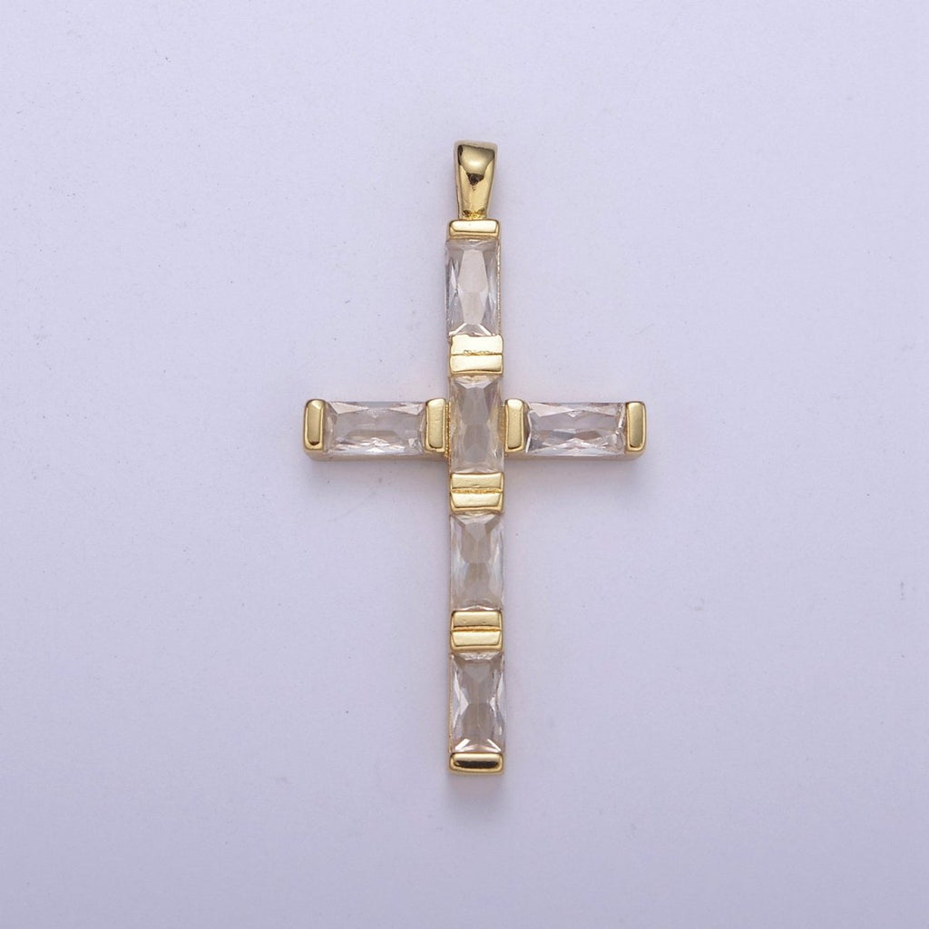 14k Gold plated Baguette Cross Pendant Cz Charm H-363 - DLUXCA