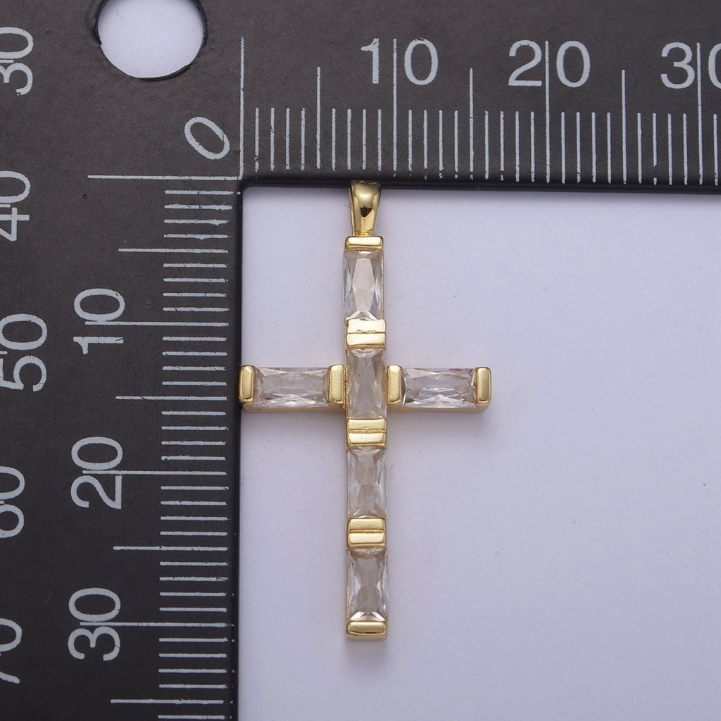 14k Gold plated Baguette Cross Pendant Cz Charm H-363 - DLUXCA