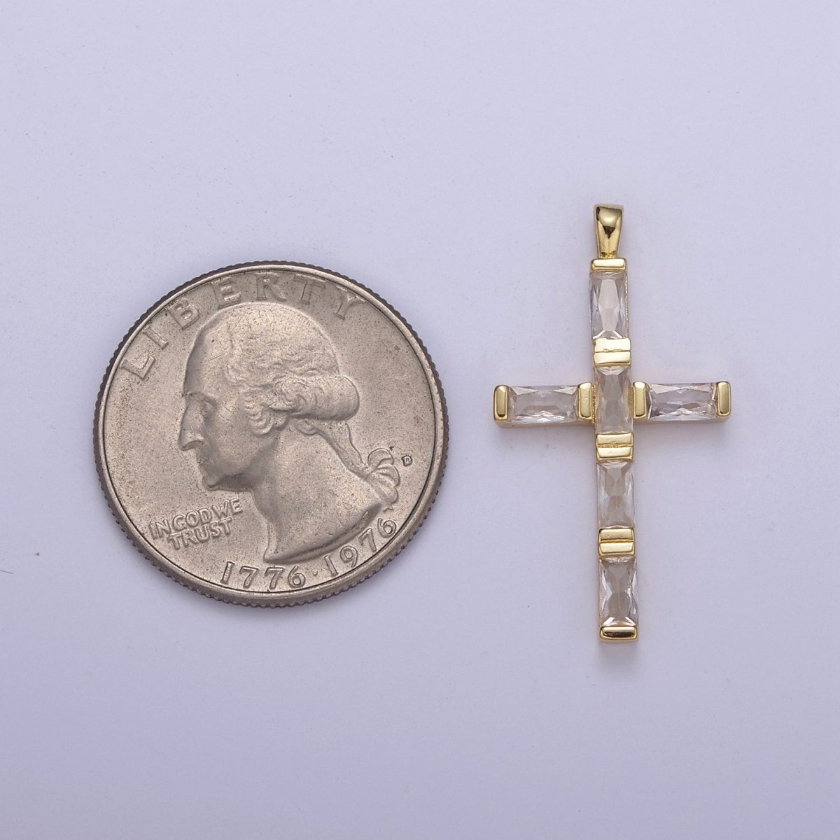 14k Gold plated Baguette Cross Pendant Cz Charm H-363 - DLUXCA