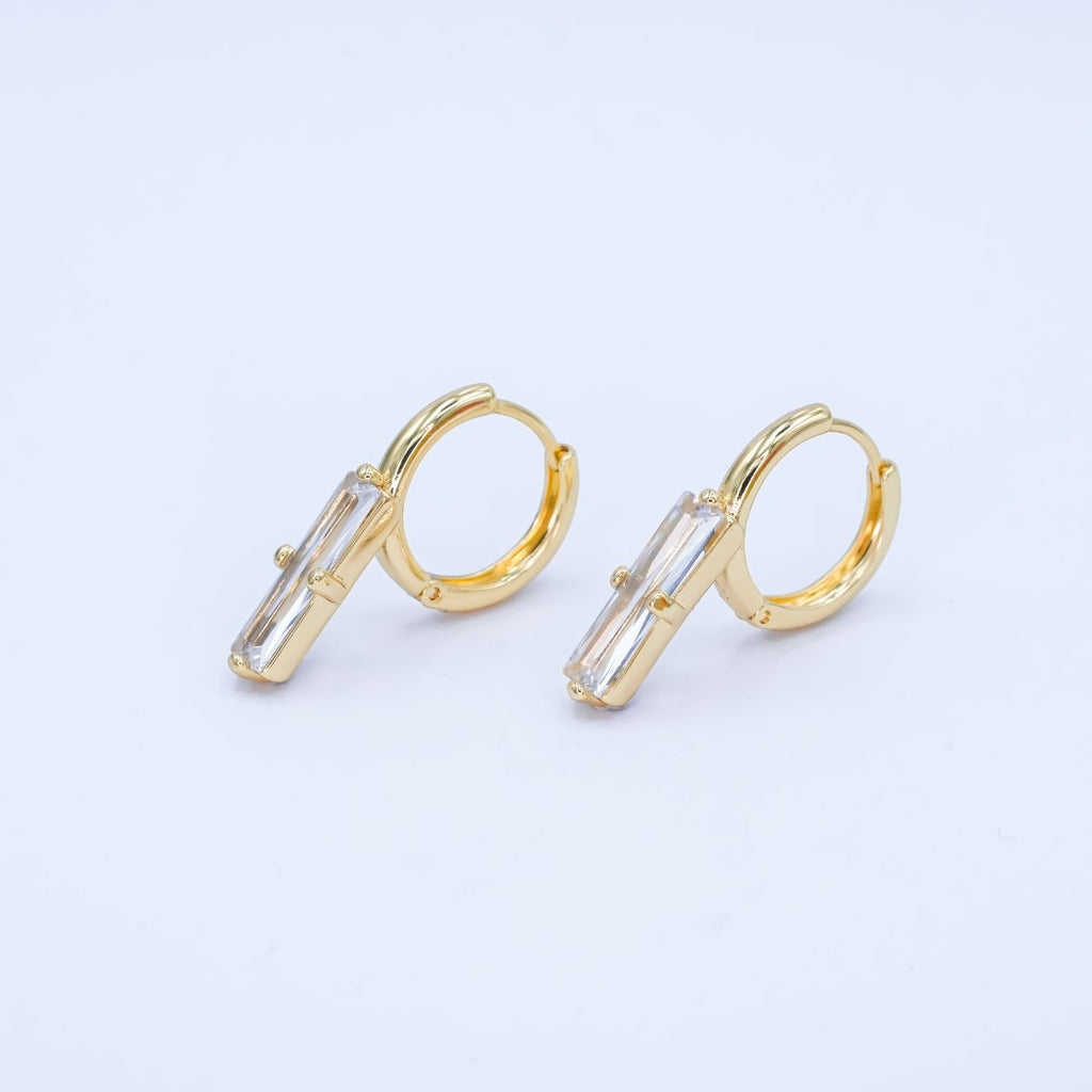 14K Gold plated Baguette CZ Drop Huggie Earrings | AD1189 