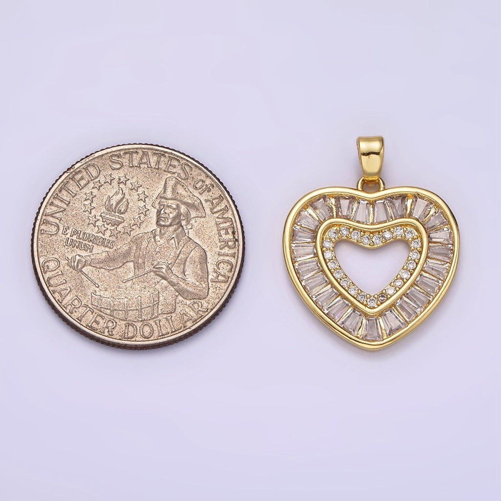 14K Gold plated Baguette CZ Heart Pendant Charm | J-533 - DLUXCA