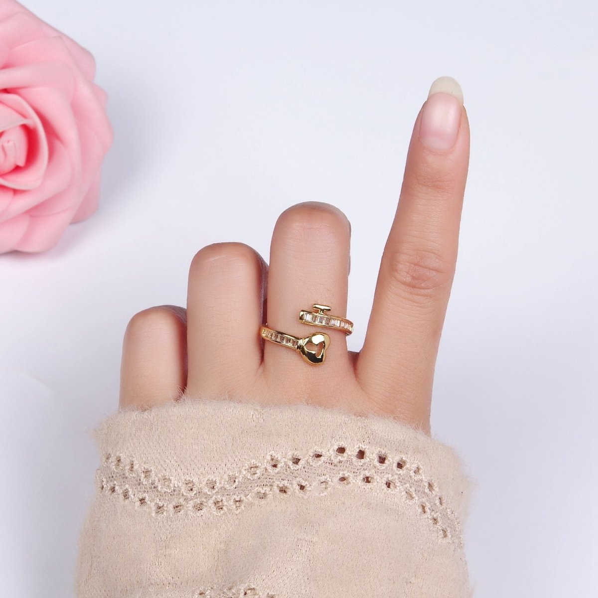14K Gold plated Baguette CZ Lined Heart Padlock Ring | O1379 - DLUXCA