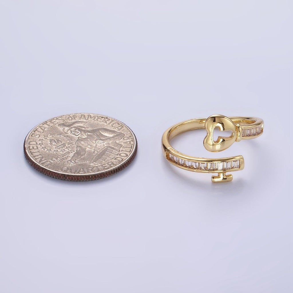 14K Gold plated Baguette CZ Lined Heart Padlock Ring | O1379 - DLUXCA