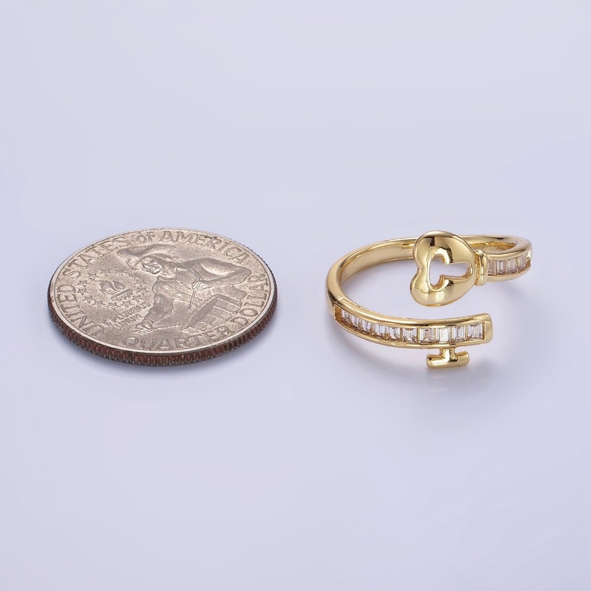 14K Gold plated Baguette CZ Lined Heart Padlock Ring | O1379 - DLUXCA