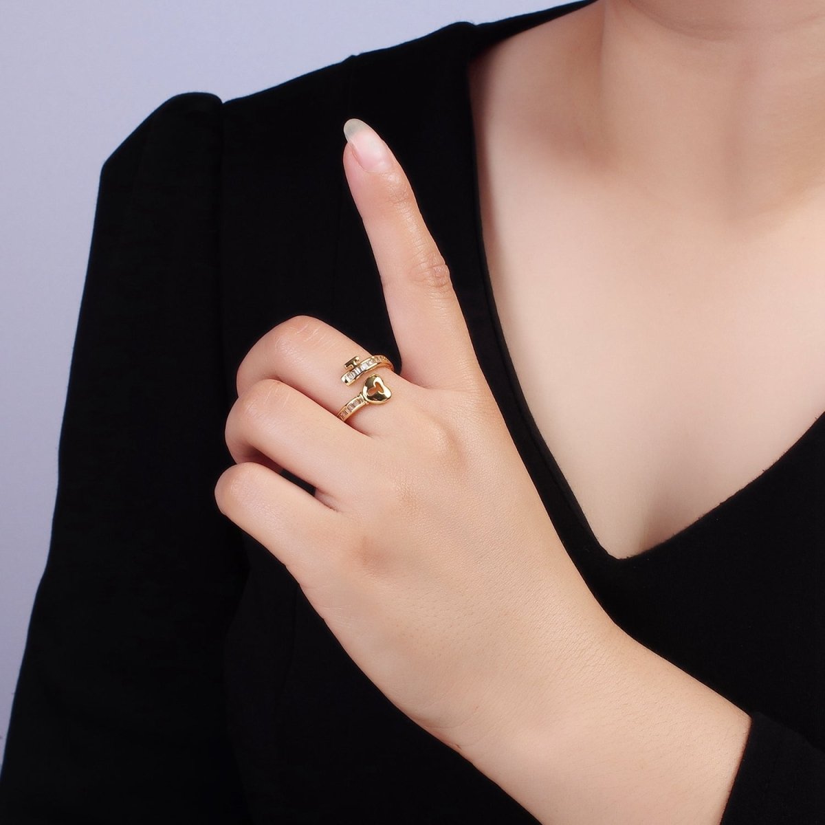 14K Gold plated Baguette CZ Lined Heart Padlock Ring | O1379 - DLUXCA
