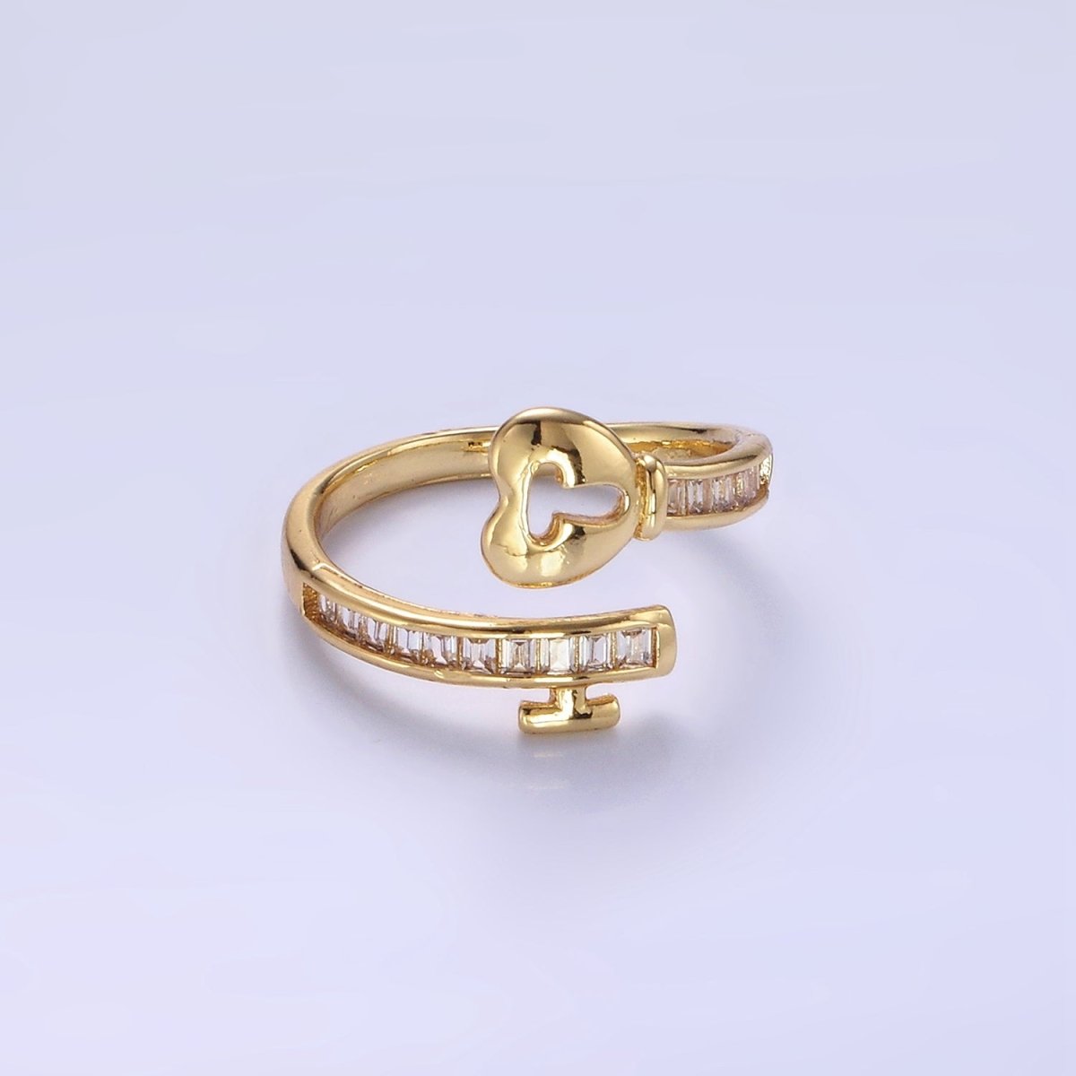 14K Gold plated Baguette CZ Lined Heart Padlock Ring | O1379 - DLUXCA