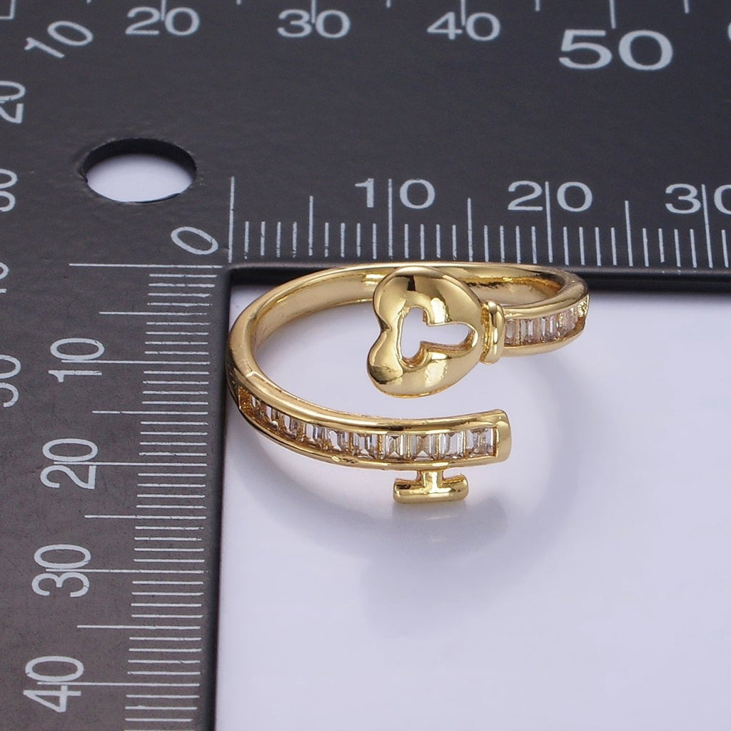 14K Gold plated Baguette CZ Lined Heart Padlock Ring | O1379 - DLUXCA