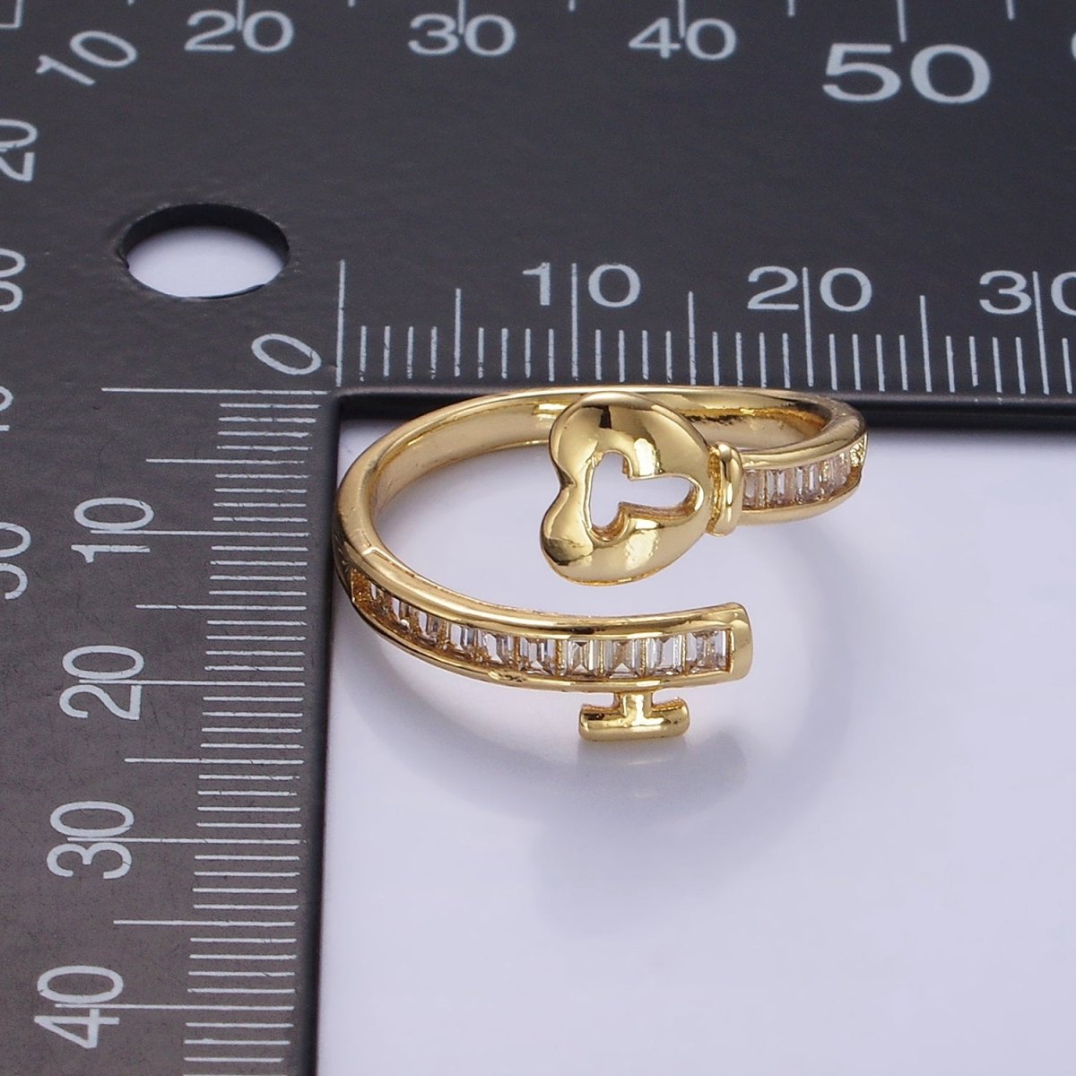 14K Gold plated Baguette CZ Lined Heart Padlock Ring | O1379 - DLUXCA