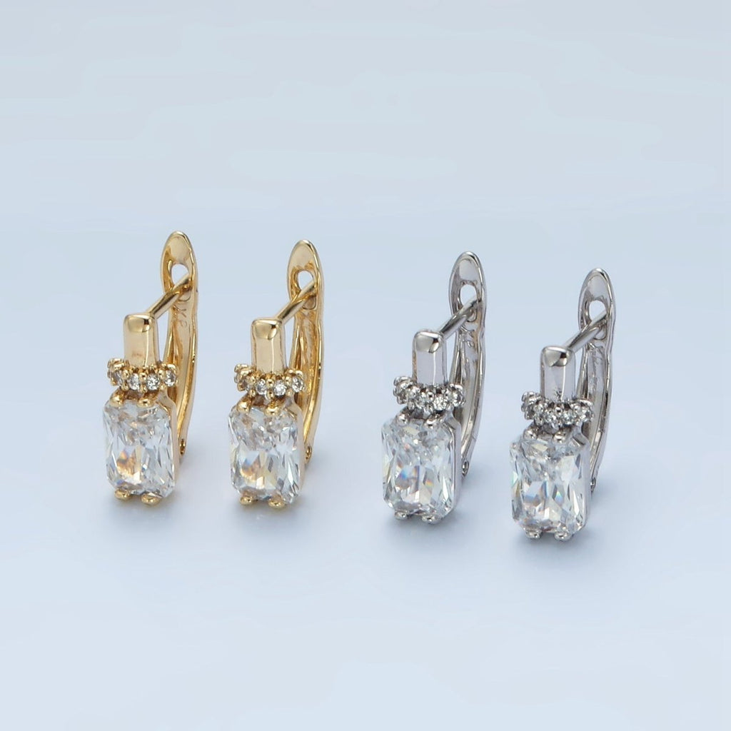 14K Gold plated Baguette CZ Micro Paved English Lock Hoop Earrings in Gold & Silver | AB1243 AB1244 - DLUXCA
