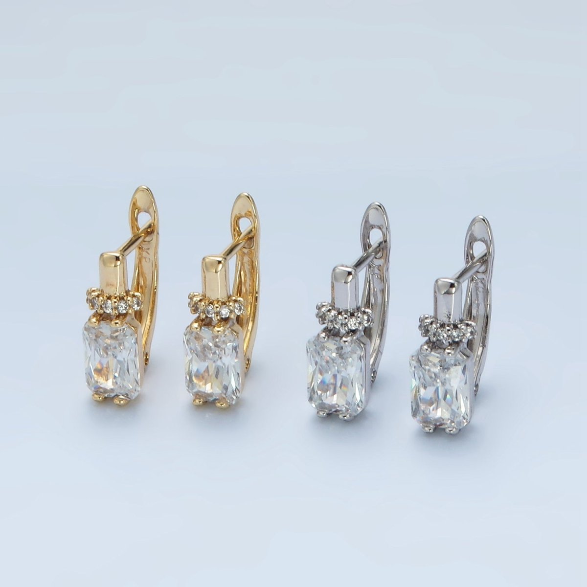 14K Gold plated Baguette CZ Micro Paved English Lock Hoop Earrings in Gold & Silver | AB1243 AB1244 - DLUXCA